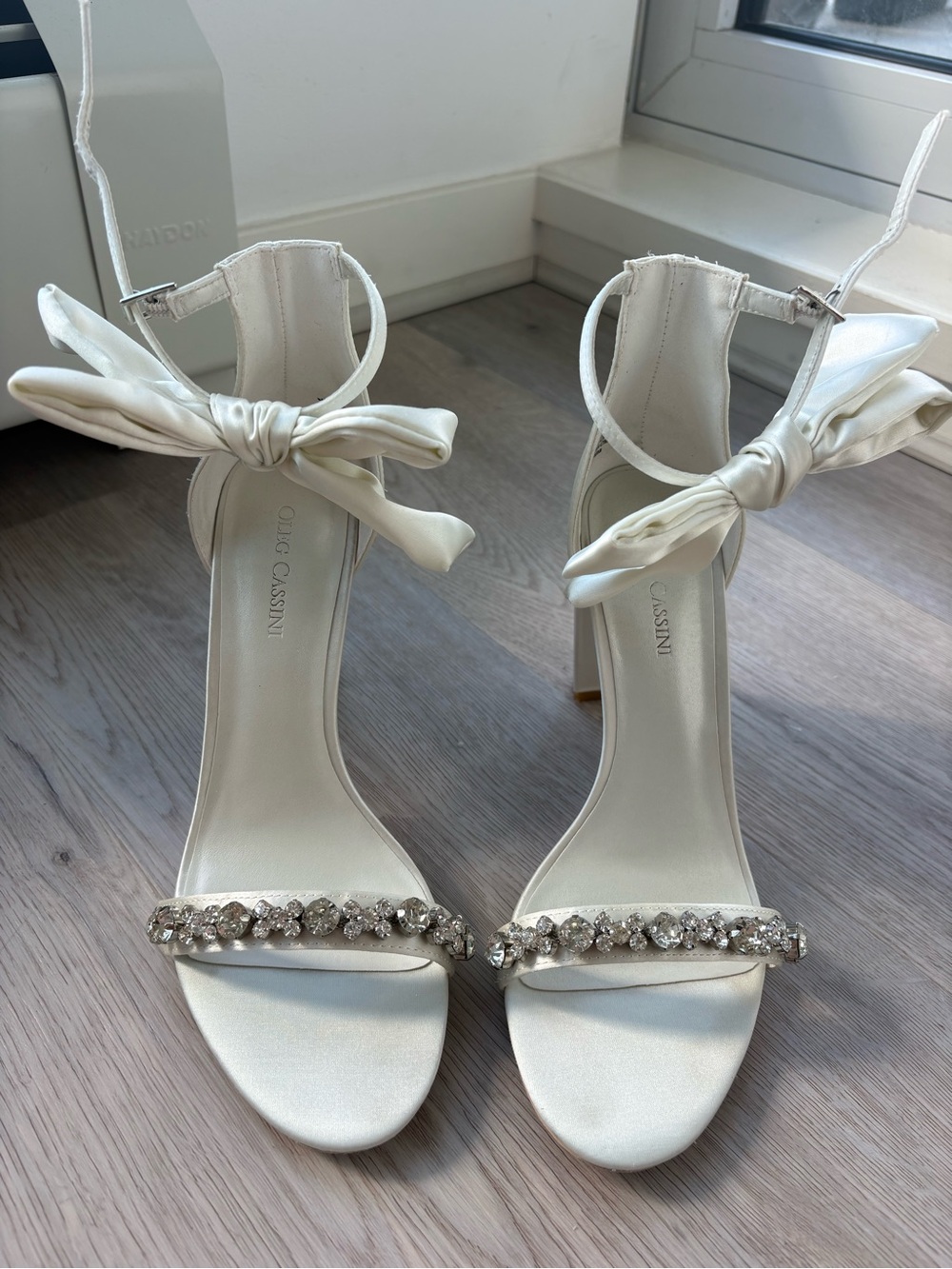 Oleg Cassini White Satin Bow & Crystal Ankle-Strap Heels